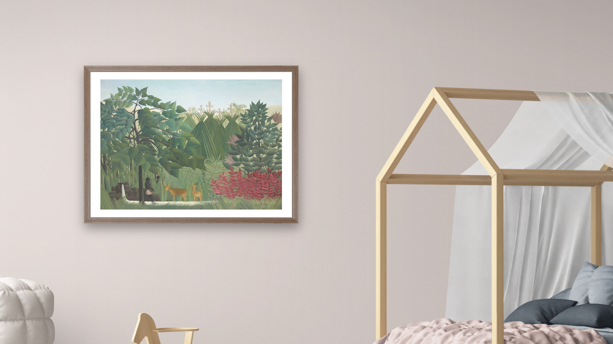 The Waterfall by Henri Rousseau, shown at 30 × 40 in (76.2 × 101.6 cm) in Arber Light Walnut, bedroom