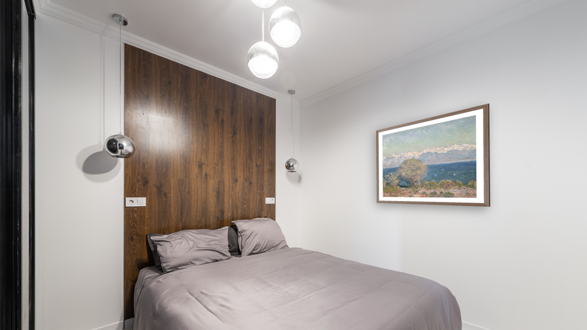 View of Cap d'Antibes by Claude Monet, shown at 32 × 40 in (81.3 × 101.6 cm) in Arber Light Walnut, bedroom