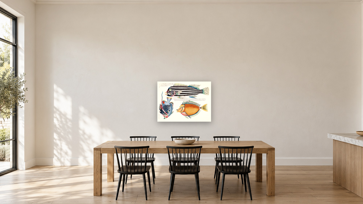 Fish by Louis Renard, shown at 30 × 40 in (76.2 × 101.6 cm) as gallery-wrapped canvas, kitchen