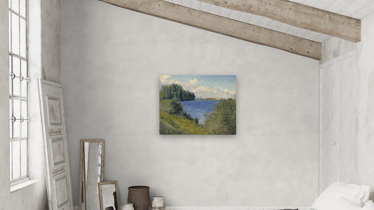 The Seine at Argenteuil, c. 1892 by Gustave Caillebotte, shown at 32 × 40 in (81.3 × 101.6 cm) as gallery-wrapped canvas, bedroom