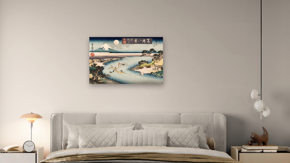 Autumn Moon, Tama River by Utagawa Toyokuni II, shown at 28 × 42 in (71.1 × 106.7 cm) as gallery-wrapped canvas, bedroom