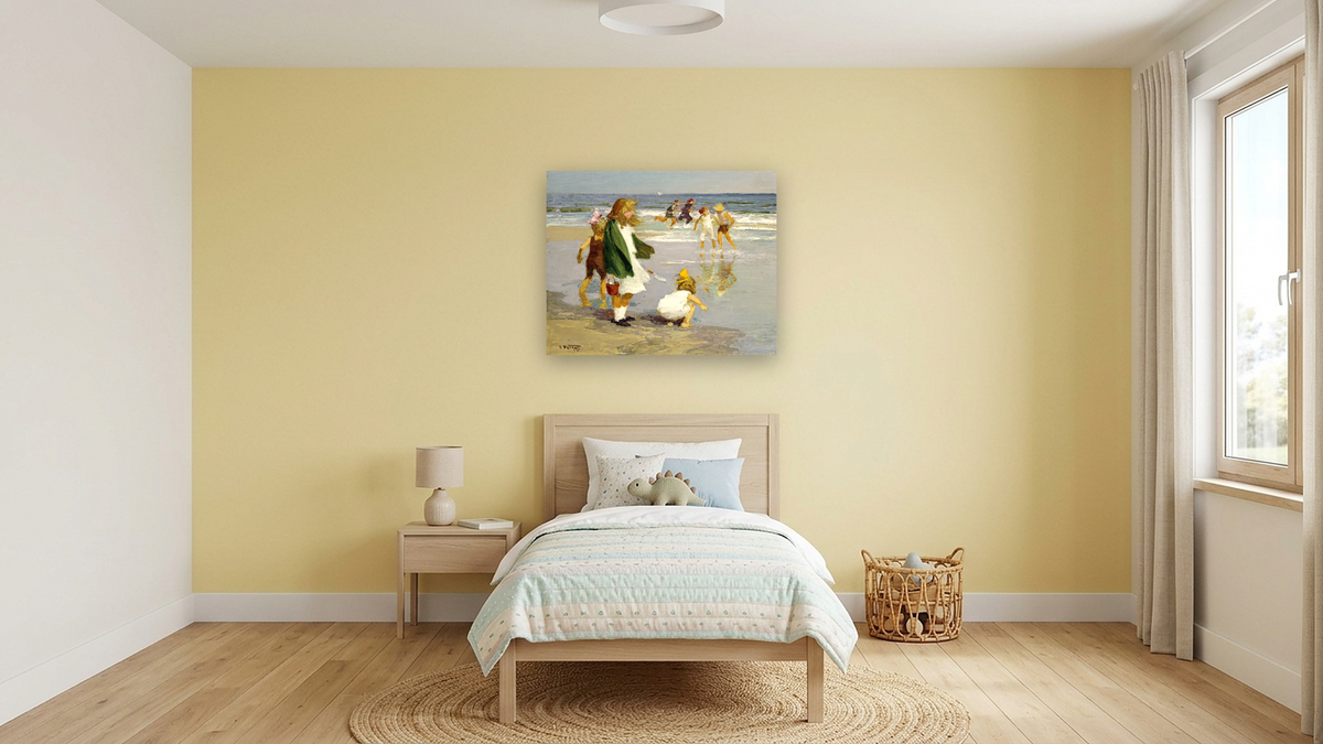 Play In the Surf by Edward Henry Potthast I, shown at 32 × 40 in (81.3 × 101.6 cm) as gallery-wrapped canvas, kids' room