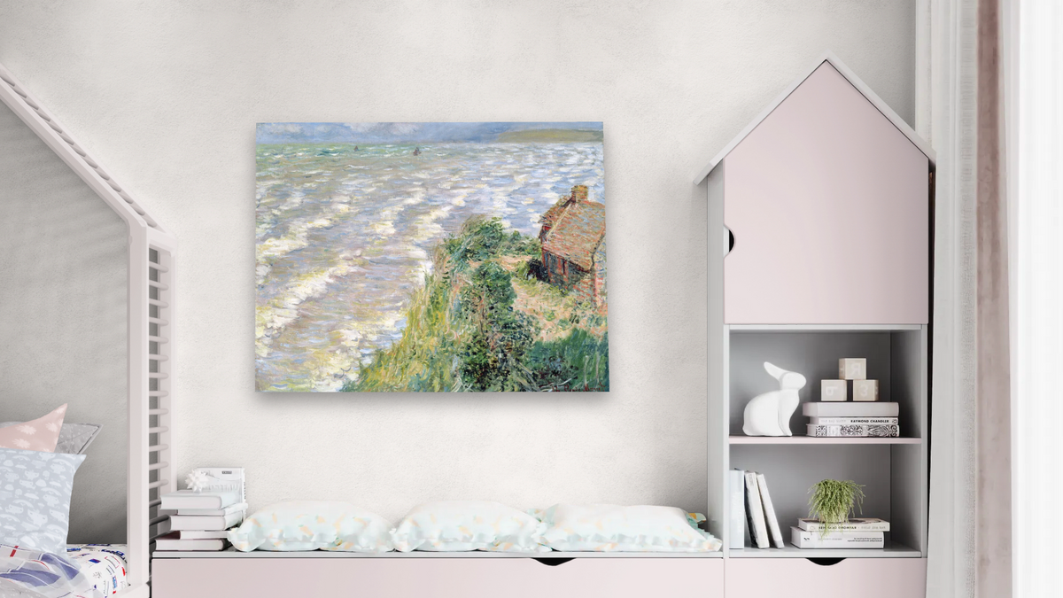Rising Tide at Pourville by Claude Monet, shown at 32 × 40 in (81.3 × 101.6 cm) as gallery-wrapped canvas, bedroom