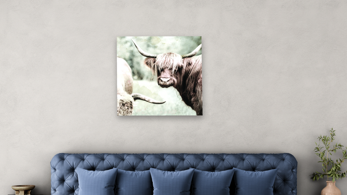 three horns by Brandon Luther, shown at 32 × 32 in (81.3 × 81.3 cm) as gallery-wrapped canvas, bedroom