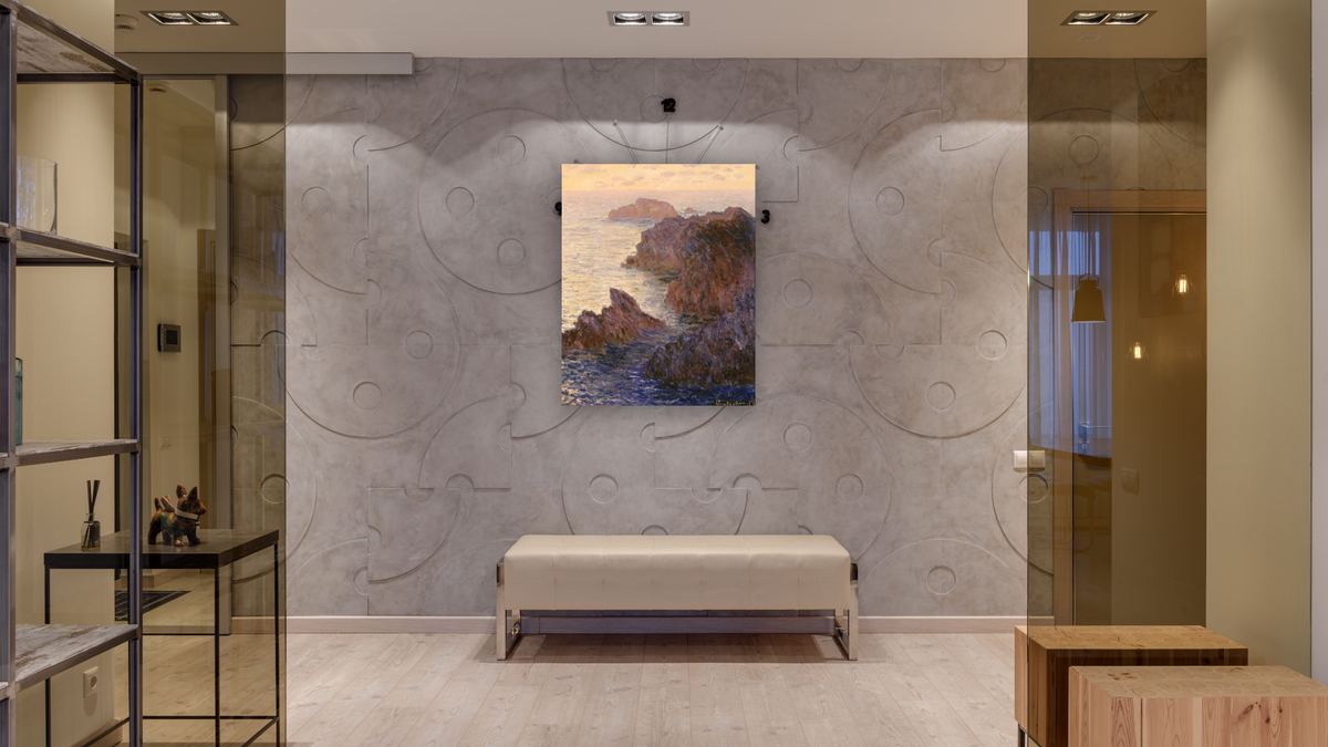 Rocky Point at Port-Goulphar by Claude Monet, shown at 32 × 40 in (81.3 × 101.6 cm) as gallery-wrapped canvas, hallway