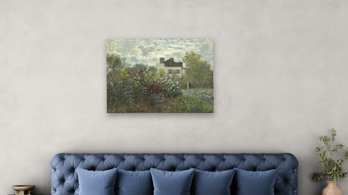 The Artist's Garden in Argenteuil (A Corner of the Garden with Dahlias) by Claude Monet, shown at 30 × 40 in (76.2 × 101.6 cm) as gallery-wrapped canvas, bedroom