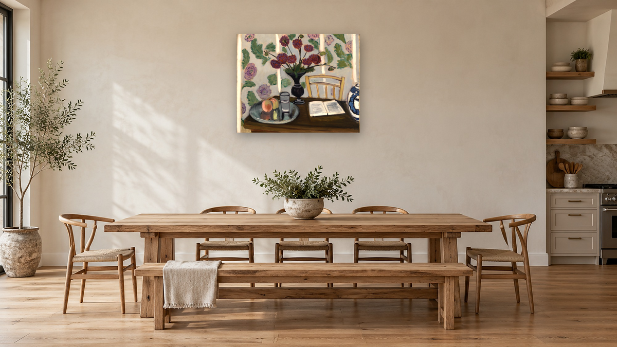Still Life, Bouquet of Dahlias & White Book by Henri Matisse, shown at 32 × 40 in (81.3 × 101.6 cm) as gallery-wrapped canvas, kitchen