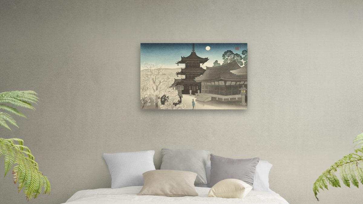 Kiyomizu Temple on a Spring Night (Haru no Yo no Kiyomizu) by Miki Suizan, shown at 28 × 42 in (71.1 × 106.7 cm) as gallery-wrapped canvas, bedroom