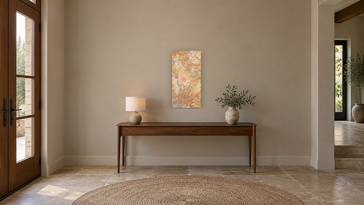 Women's Dreaming by Maxie Tjamitjinpa, shown at 20 × 40 in (50.8 × 101.6 cm) as gallery-wrapped canvas, hallway
