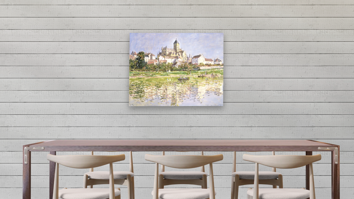 The Church at Vetheuil by Claude Monet, shown at 32 × 40 in (81.3 × 101.6 cm) as gallery-wrapped canvas, dining