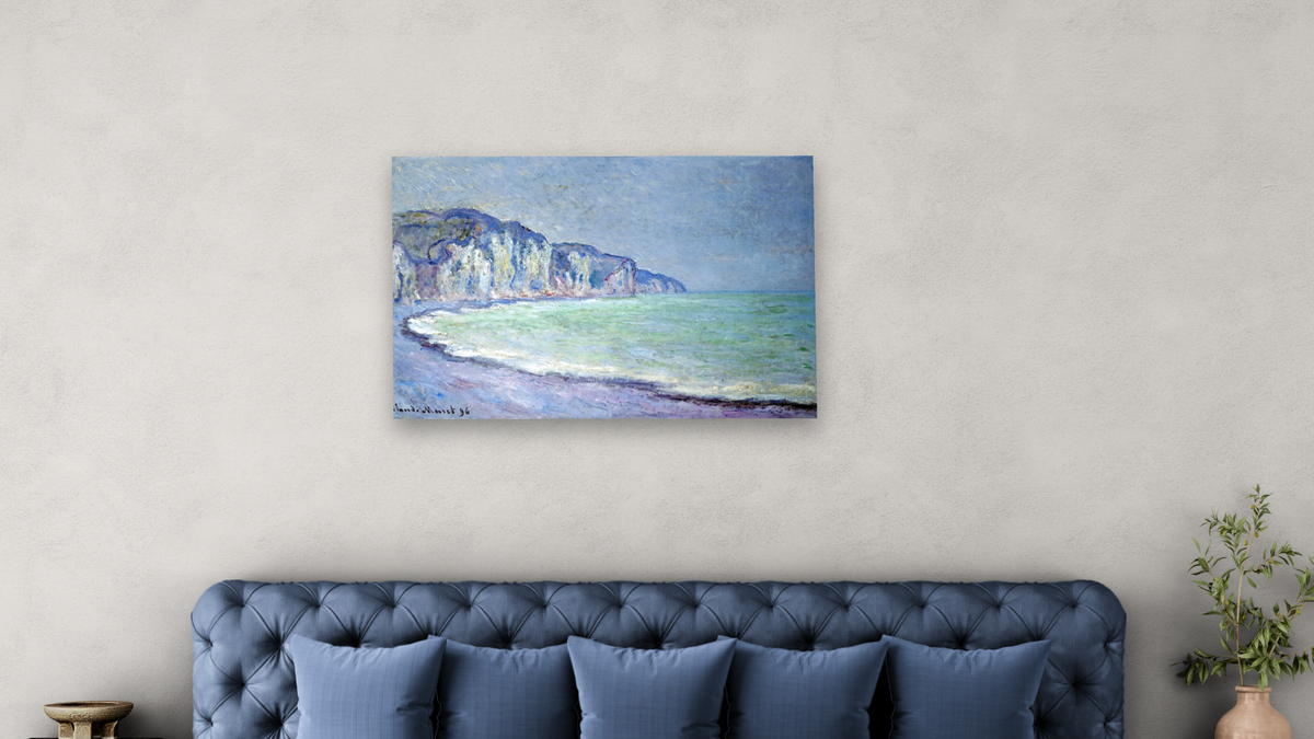 Cliffs at Pourville by Claude Monet, shown at 28 × 42 in (71.1 × 106.7 cm) as gallery-wrapped canvas, bedroom