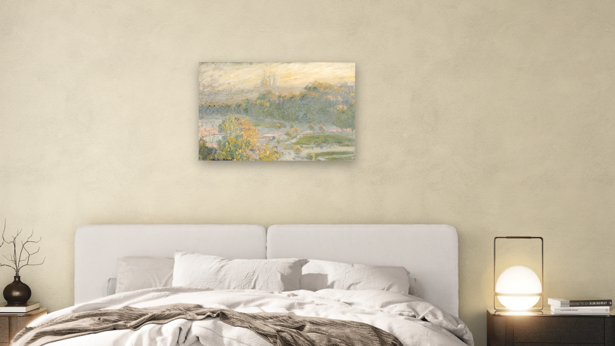 The Tuileries (study) by Claude Monet, shown at 28 × 42 in (71.1 × 106.7 cm) as gallery-wrapped canvas, bedroom
