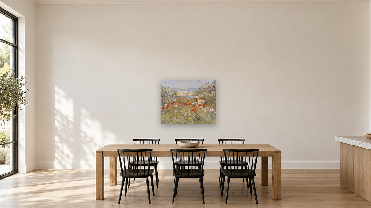 Celia Thaxter's Garden, Isles of Shoals, Maine by Childe Hassam, shown at 32 × 40 in (81.3 × 101.6 cm) as gallery-wrapped canvas, kitchen