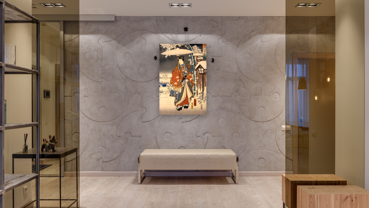 A modern version of the Tale of Genji in snow scenes by Toyokuni Utagawa, shown at 28 × 42 in (71.1 × 106.7 cm) as gallery-wrapped canvas, hallway