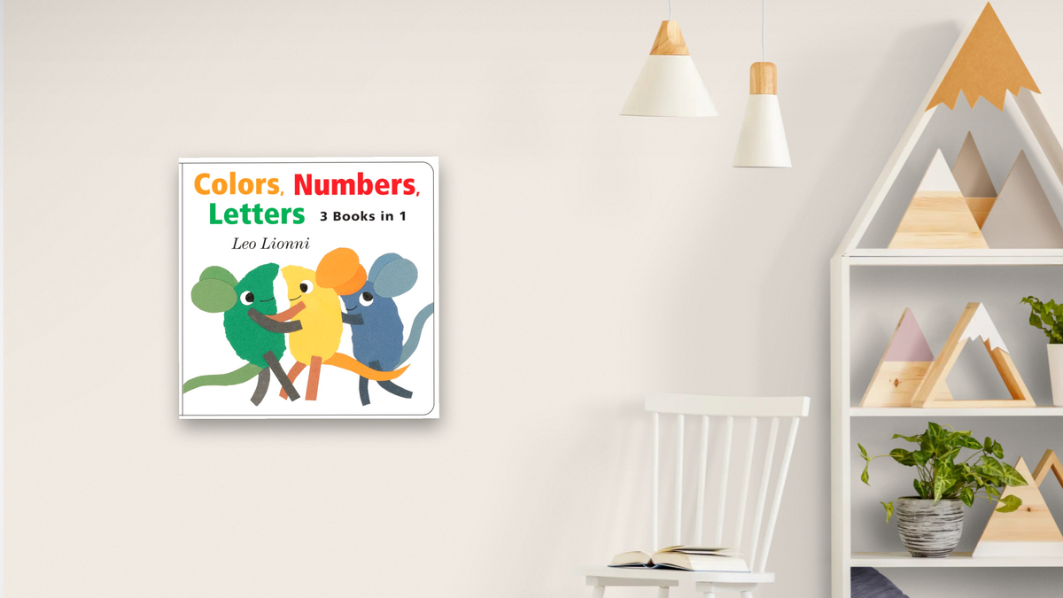 Colors, Numbers, Letters (cover) by Leo Lionni, shown at 32 × 32 in (81.3 × 81.3 cm) as gallery-wrapped canvas, nursery