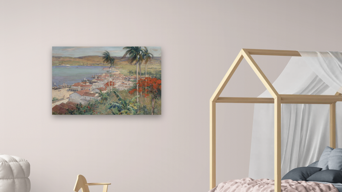 Havana Harbor by Willard LeRoy Metcalf, shown at 28 × 42 in (71.1 × 106.7 cm) as gallery-wrapped canvas, bedroom