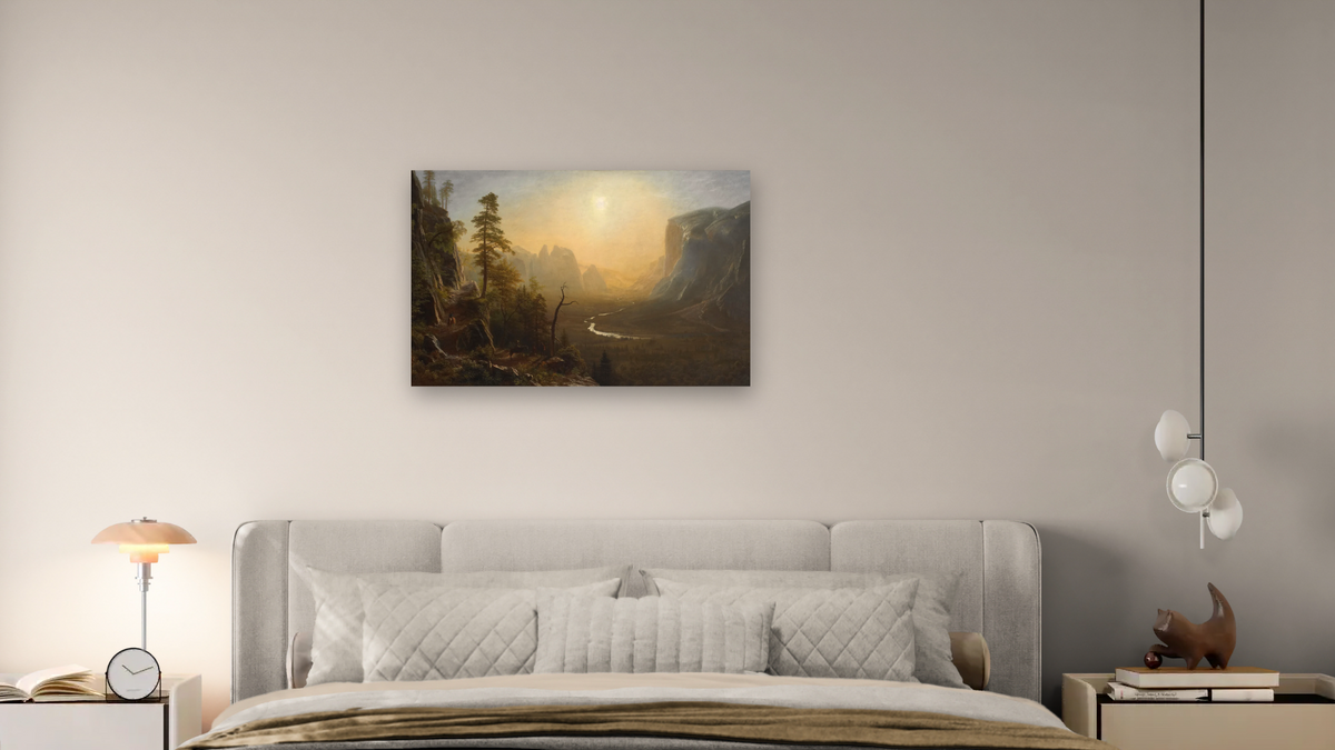 Yosemite Valley, Glacier Point Trail by Albert Bierstadt, shown at 28 × 42 in (71.1 × 106.7 cm) as gallery-wrapped canvas, bedroom