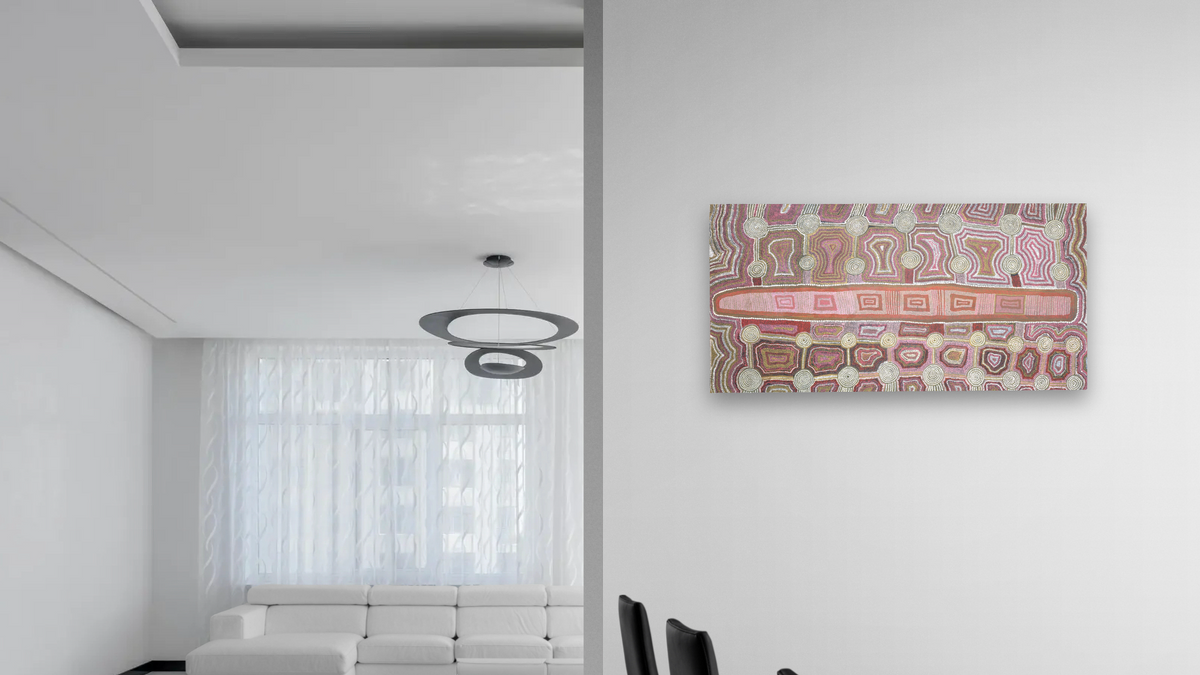 Tingari Dreaming by Timmy Payungka Tjapangati, shown at 20 × 40 in (50.8 × 101.6 cm) as gallery-wrapped canvas, dining