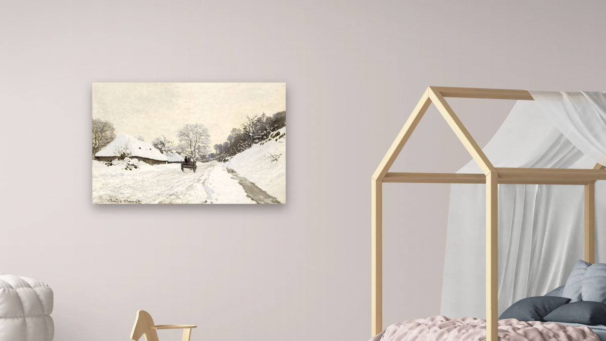 La Charrette. Route sous la neige a Honfleur, avec la ferme Saint Simeon by Claude Monet, shown at 28 × 42 in (71.1 × 106.7 cm) as gallery-wrapped canvas, bedroom