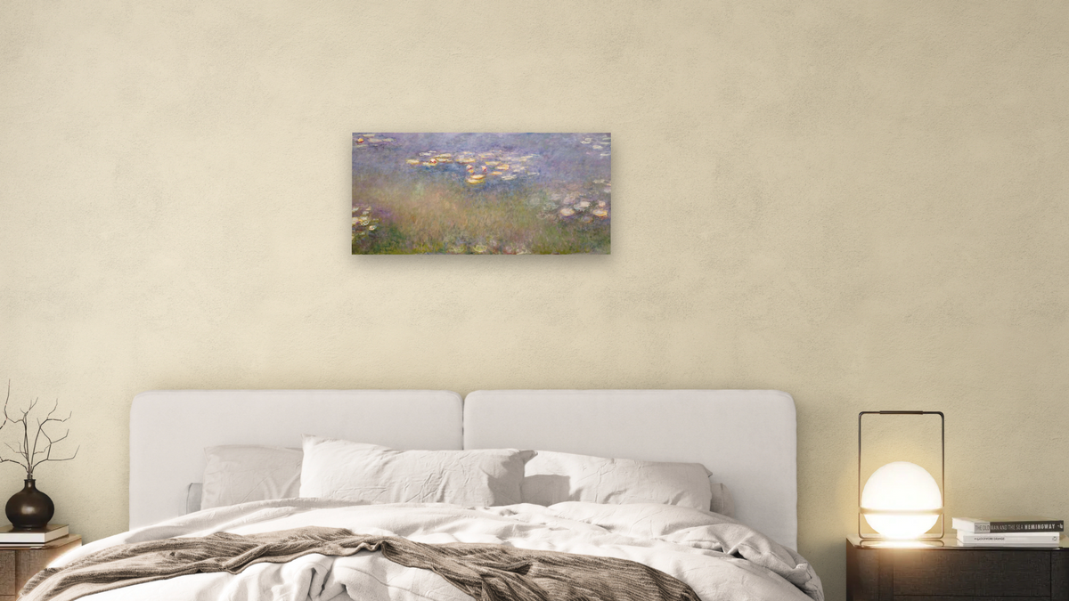 Water Lilies by Claude Monet, shown at 20 × 40 in (50.8 × 101.6 cm) as gallery-wrapped canvas, bedroom