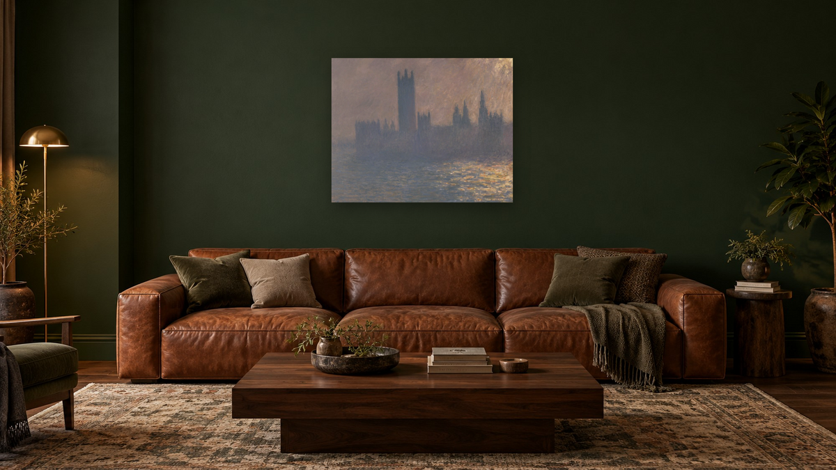 Houses of Parliament, Sunlight Effect by Claude Monet, shown at 32 × 40 in (81.3 × 101.6 cm) as gallery-wrapped canvas, den