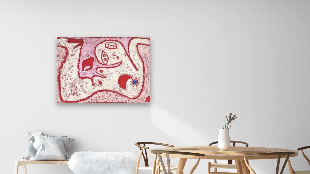 A Woman For Gods by Paul Klee, shown at 30 × 40 in (76.2 × 101.6 cm) as gallery-wrapped canvas, dining