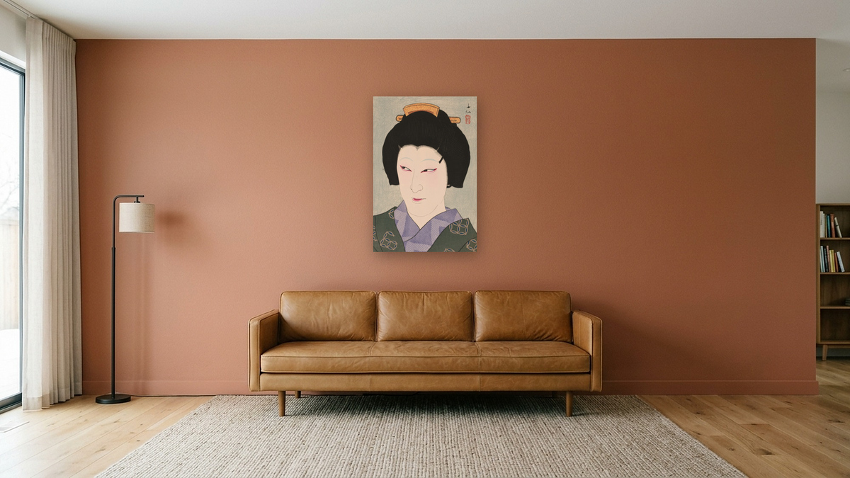 The Actor Nakamura Kaisha I as Okaru from the Play Yoikoshin by Natori Shunsen, shown at 28 × 42 in (71.1 × 106.7 cm) as gallery-wrapped canvas, media room