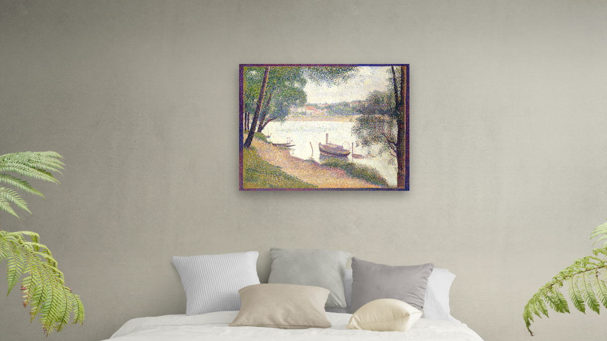 Gray Weather, Grand Jatte by Georges Seurat, shown at 32 × 40 in (81.3 × 101.6 cm) as gallery-wrapped canvas, bedroom