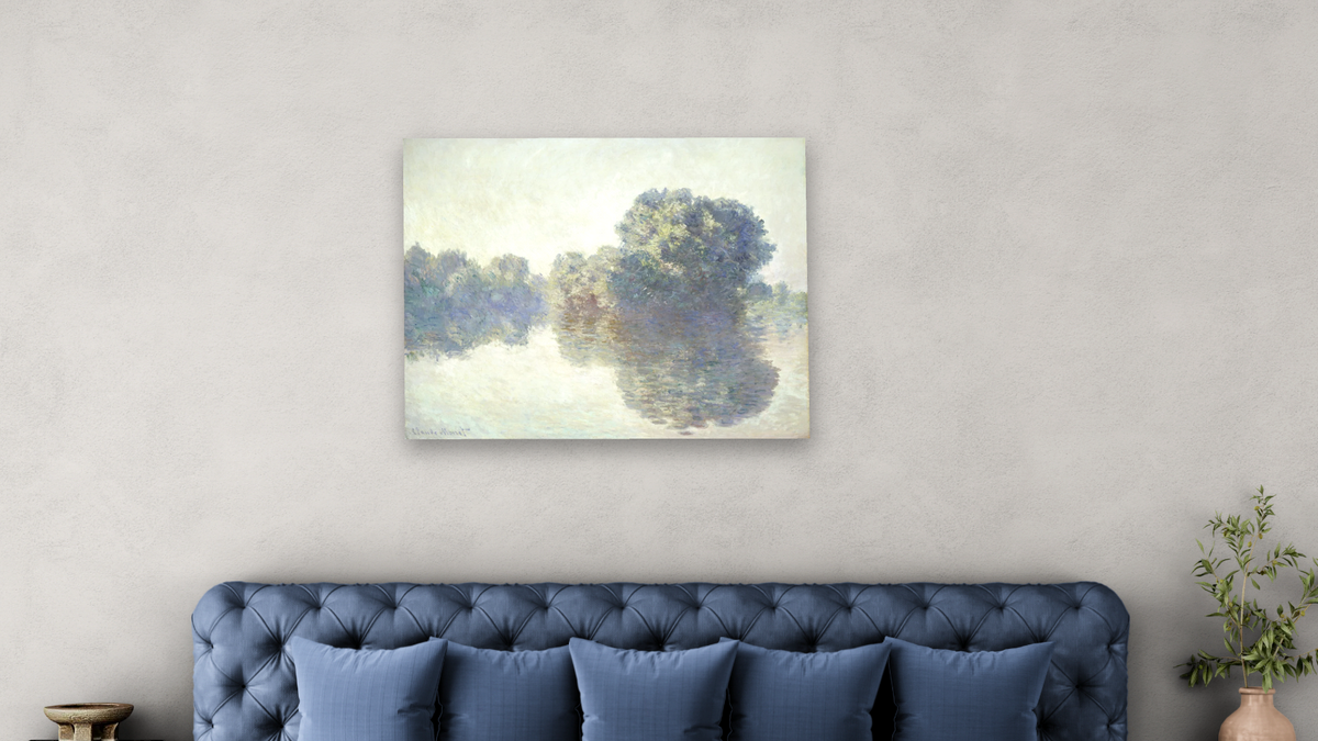 The Seine at Giverny by Claude Monet, shown at 32 × 40 in (81.3 × 101.6 cm) as gallery-wrapped canvas, bedroom