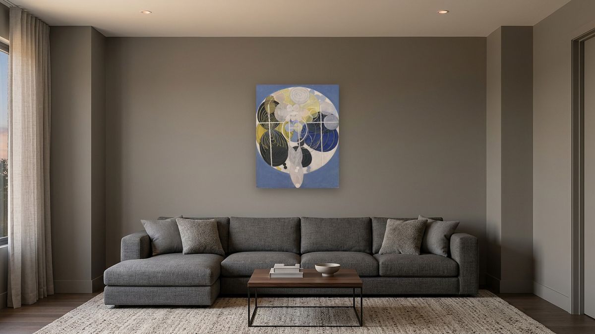 The Large Figure Paintings, No. 5, The Key to All Works to Date, Group III, The WU/Rosen Series by Hilma af Klint, shown at 32 × 40 in (81.3 × 101.6 cm) as gallery-wrapped canvas, media room