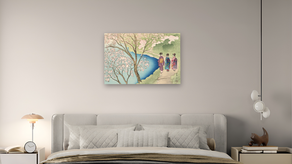 Mt. Arashi in Spring by Miki Suizan, shown at 28 × 42 in (71.1 × 106.7 cm) as gallery-wrapped canvas, bedroom