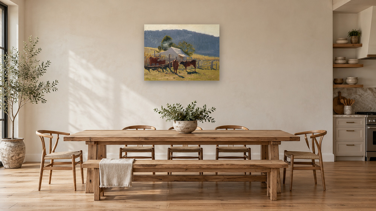 Milking Time by Elioth Gruner, shown at 30 × 40 in (76.2 × 101.6 cm) as gallery-wrapped canvas, kitchen