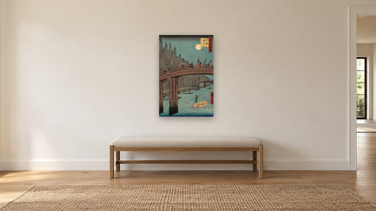 Bamboo Yards, Kyobashi Bridge by Utagawa Hiroshige, shown at 28 × 42 in (71.1 × 106.7 cm) as gallery-wrapped canvas, hallway