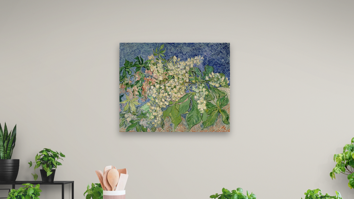 Blossoming Chestnut Branches by Vincent van Gogh, shown at 32 × 40 in (81.3 × 101.6 cm) as gallery-wrapped canvas, dining