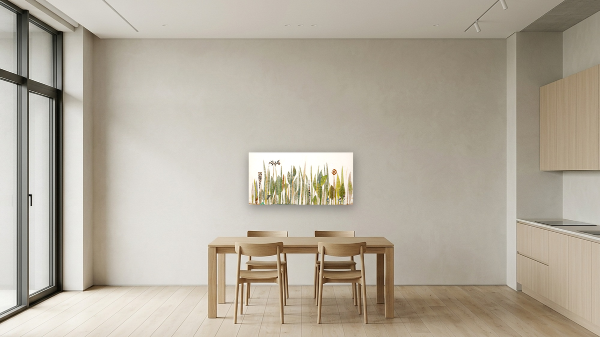 Inch by Inch IX by Leo Lionni, shown at 20 × 40 in (50.8 × 101.6 cm) as gallery-wrapped canvas, kitchen