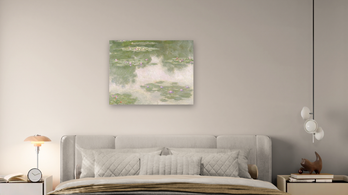 Nympheas, Water Landscape by Claude Monet, shown at 32 × 40 in (81.3 × 101.6 cm) as gallery-wrapped canvas, bedroom