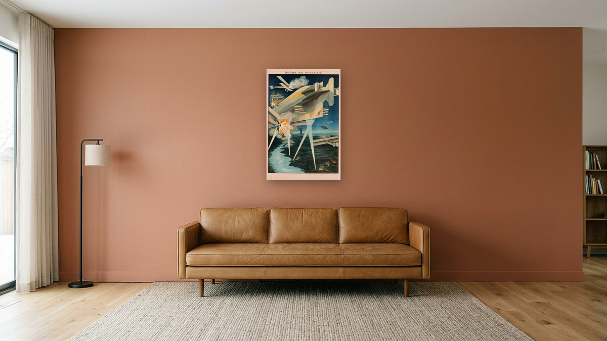 Poster of Russian Biplanes and Zeppelin, shown at 28 × 42 in (71.1 × 106.7 cm) as gallery-wrapped canvas, media room