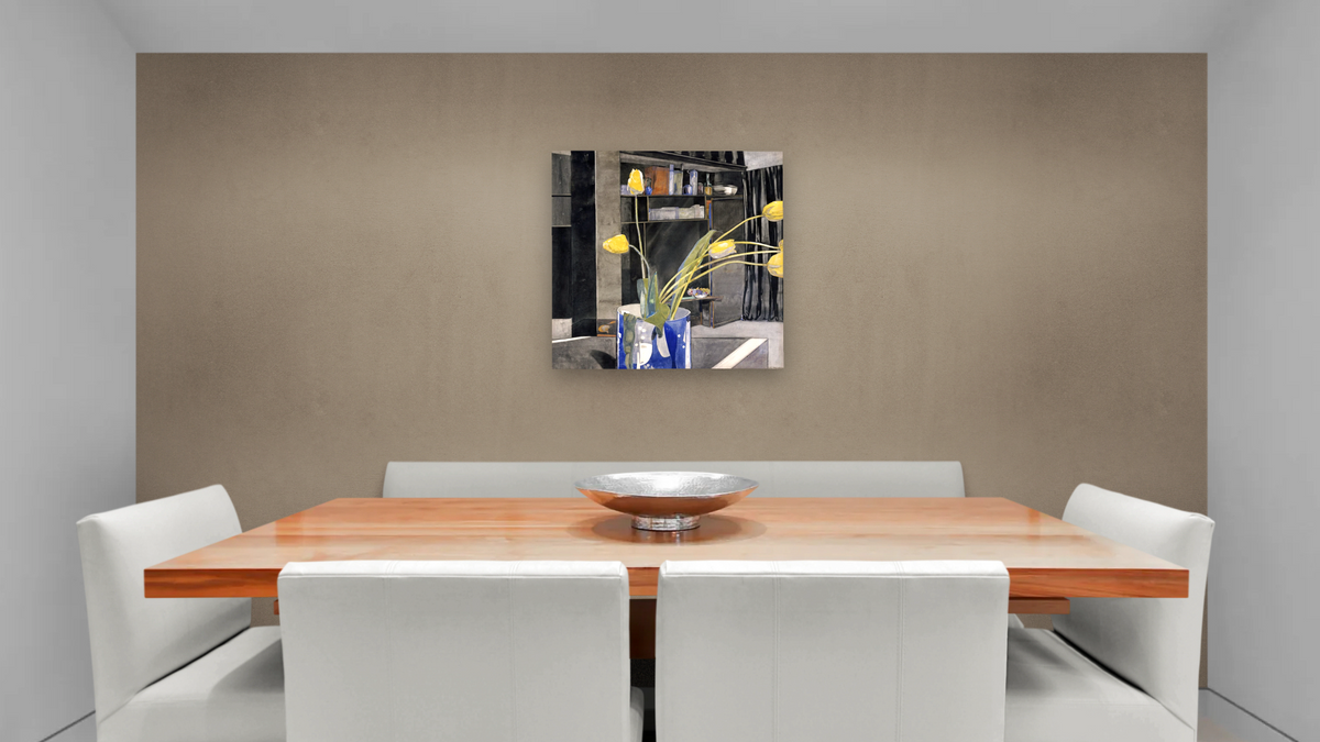 Yellow Tulips by Charles Rennie Mackintosh, shown at 32 × 32 in (81.3 × 81.3 cm) as gallery-wrapped canvas, dining