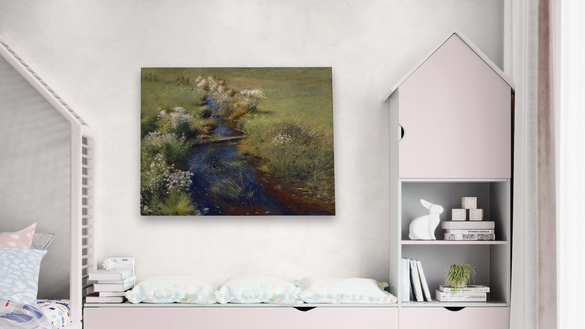 Wild Asters by Dennis Miller Bunker, shown at 32 × 40 in (81.3 × 101.6 cm) as gallery-wrapped canvas, bedroom