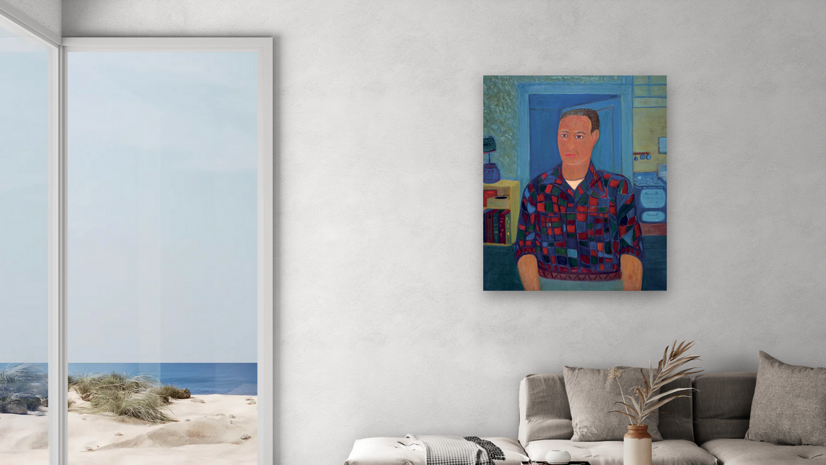 Self Portrait, Grove Street by Ralph Fasanella, shown at 32 × 40 in (81.3 × 101.6 cm) as gallery-wrapped canvas, living
