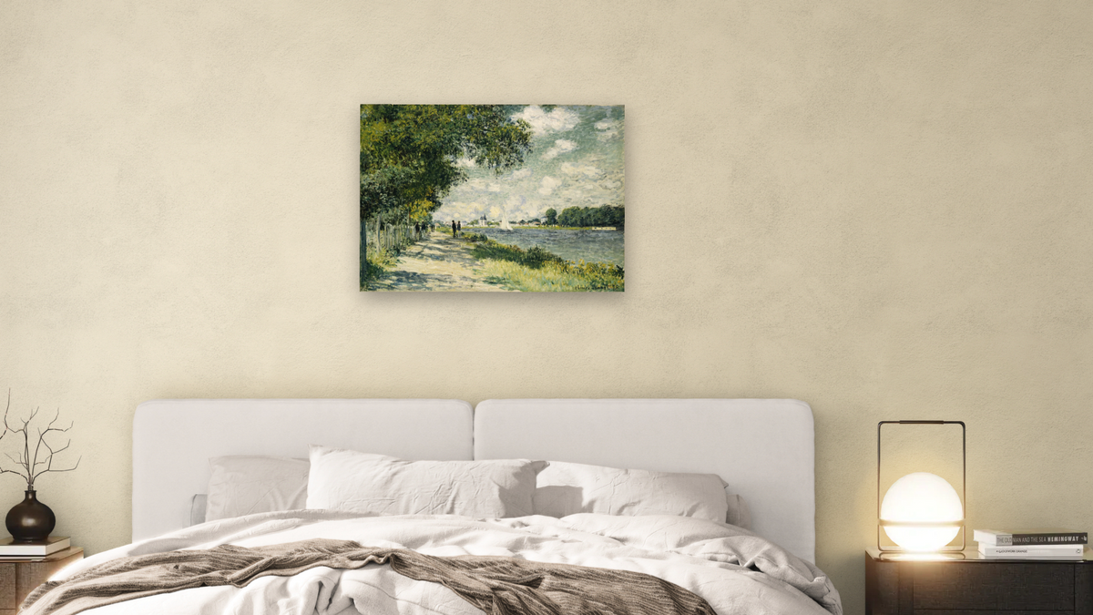 The Seine at Argenteuil by Claude Monet, shown at 30 × 40 in (76.2 × 101.6 cm) as gallery-wrapped canvas, bedroom