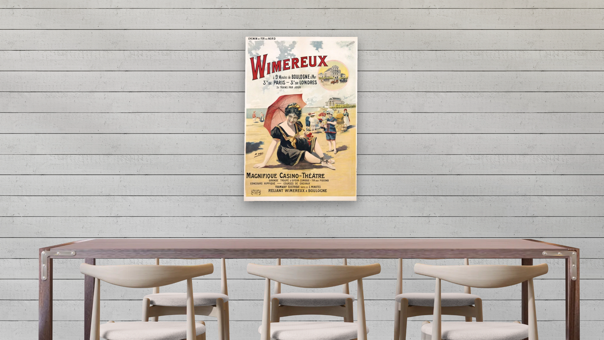 Wimereux Travel Poster by Henri Gray, shown at 28 × 42 in (71.1 × 106.7 cm) as gallery-wrapped canvas, dining