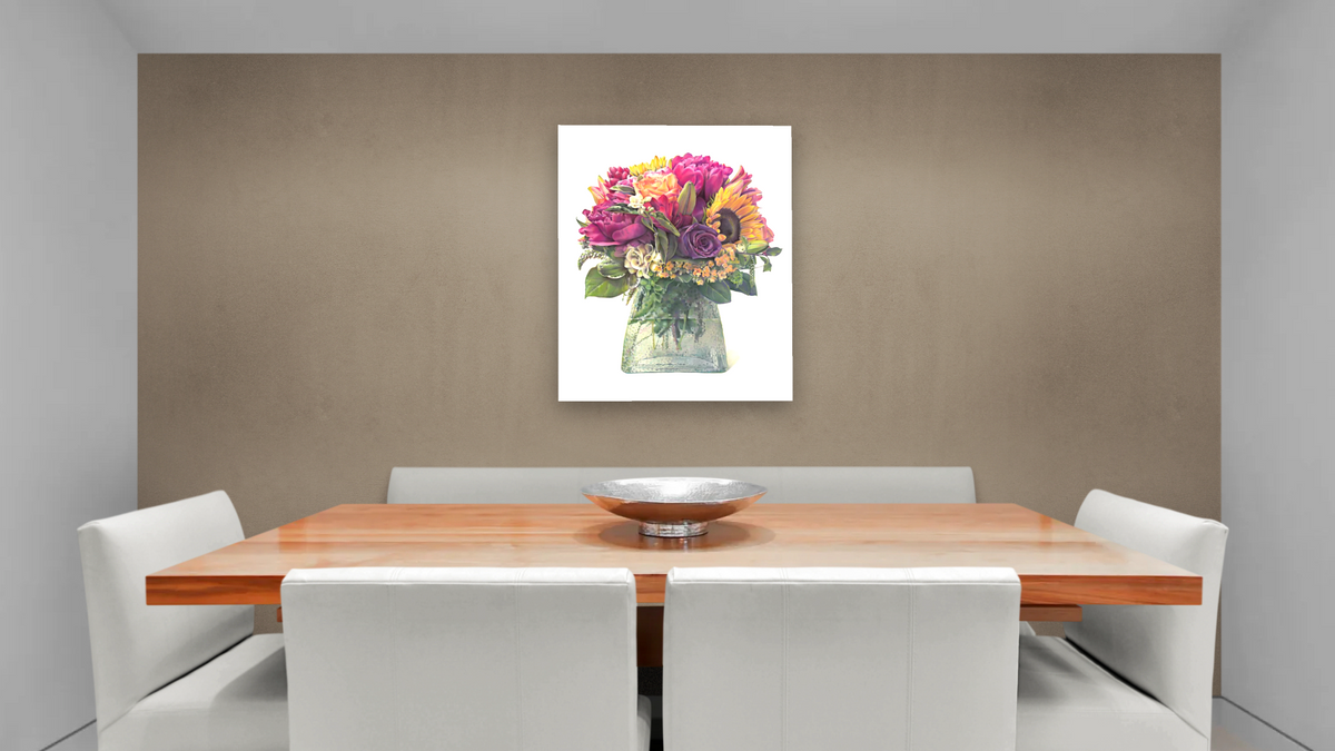 Ambrosia Bouquet by Kirsten Söderlind, shown at 32 × 40 in (81.3 × 101.6 cm) as gallery-wrapped canvas, dining