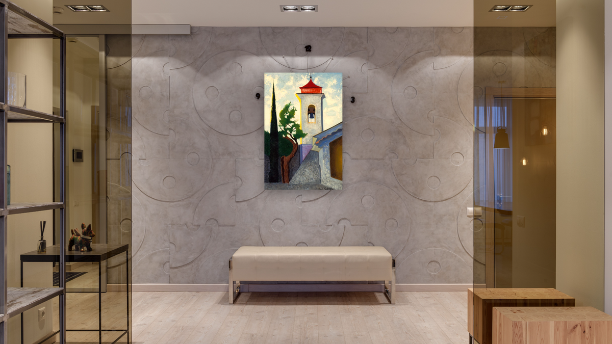 The Bell Tower by Joseph Stella, shown at 28 × 42 in (71.1 × 106.7 cm) as gallery-wrapped canvas, hallway