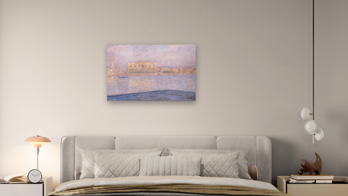 Le Palais Ducal vu de Saint-Georges Majeur by Claude Monet, shown at 28 × 42 in (71.1 × 106.7 cm) as gallery-wrapped canvas, bedroom