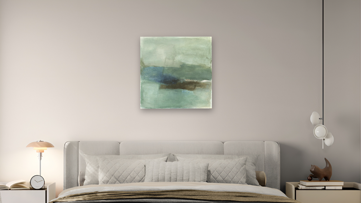 No. 351 by Michelle Oppenheimer, shown at 32 × 32 in (81.3 × 81.3 cm) as gallery-wrapped canvas, bedroom
