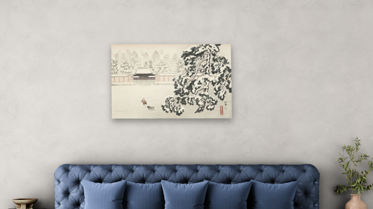 Imperial Garden, Kyoto, Early Morning (Gyo-en Nai Yuki no Akatsuki) by Miki Suizan, shown at 28 × 42 in (71.1 × 106.7 cm) as gallery-wrapped canvas, bedroom