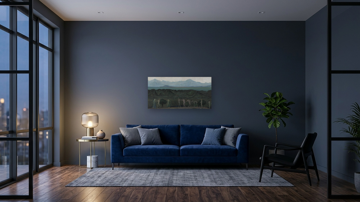Line of Mountains by Arthur Bowen Davies, shown at 20 × 40 in (50.8 × 101.6 cm) as gallery-wrapped canvas, den