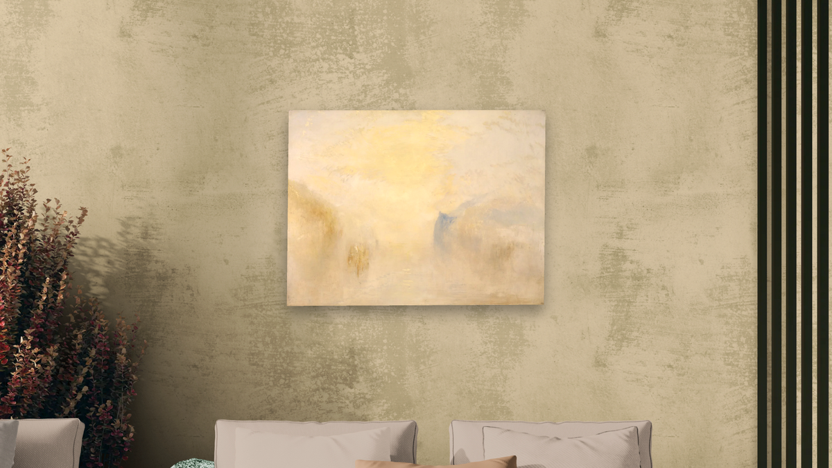 Sunrise, with a Boat between Headlands by Joseph Mallord William Turner, shown at 30 × 40 in (76.2 × 101.6 cm) as gallery-wrapped canvas, living