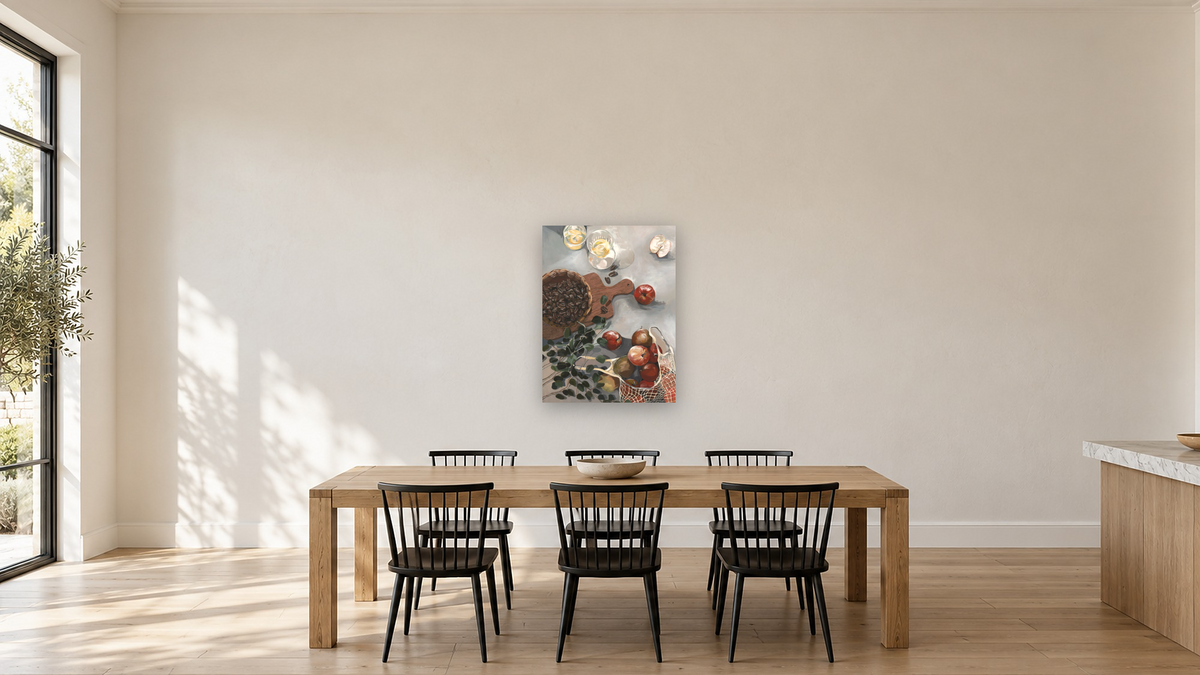 Apples and Walnuts, shown at 30 × 40 in (76.2 × 101.6 cm) as gallery-wrapped canvas, kitchen